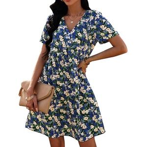 Pretty Garden Short Sleeve V-Neck Blue Floral Print Swing Dress Women’s L